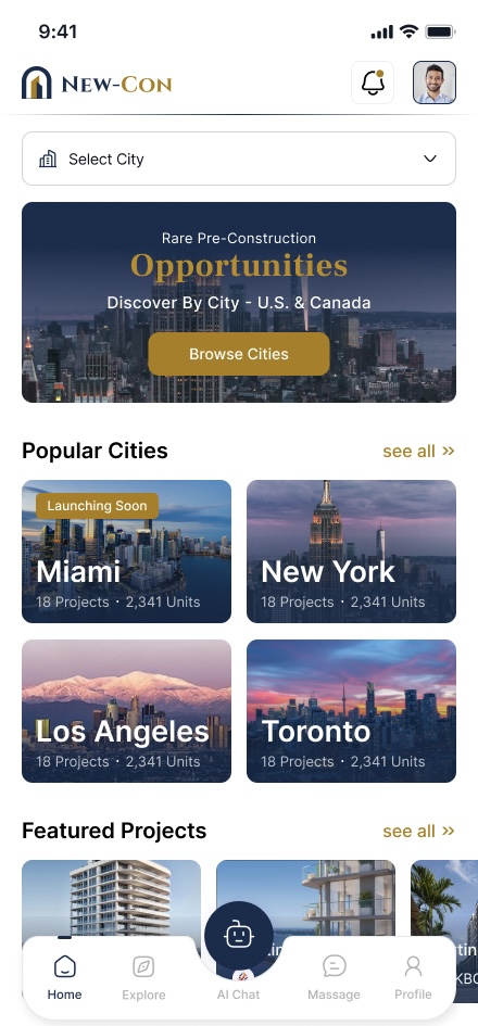 NewCon app — home screen