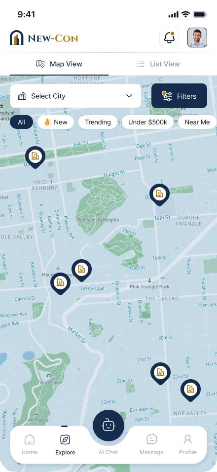 NewCon app — interactive map view